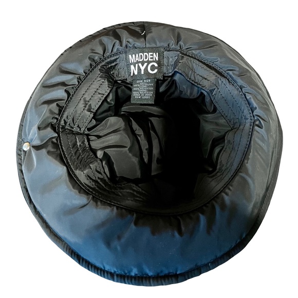 Madden NYC NYT Black Puffer Bucket Hat with Blinged Out Beaded Zip Pocket One Sz - Picture 5 of 13